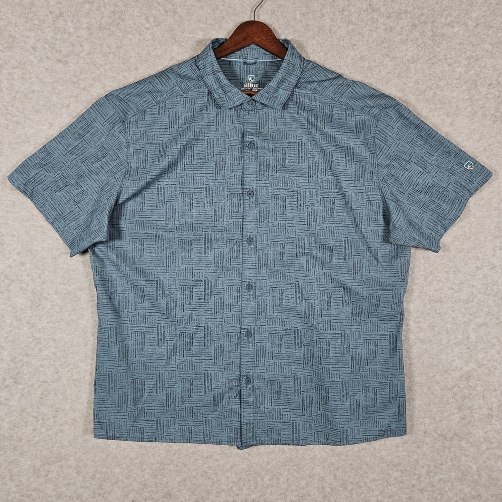 KUHL Breeze (Men's XXL) Button Up Shirt Blue Geometric Short Sleeve Breathable